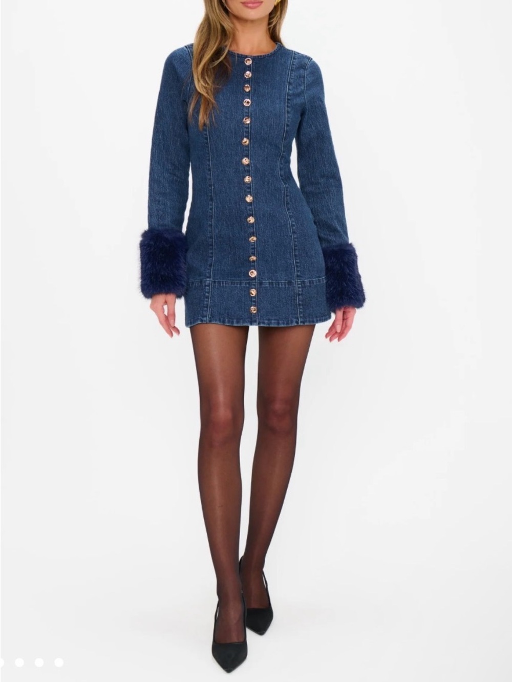 Show Me Your Mumu Rockefeller Denim Fur Trim Mini Dress in Subzero Indigo Large